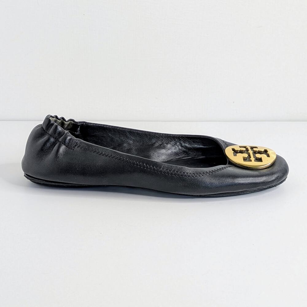 Tory Burch Minnie Travel Flats 8 Black Leather Gold Logo Ballet Designer GUC - Picture 9 of 14